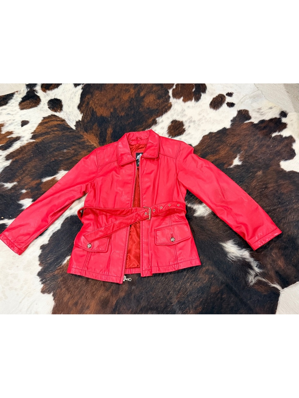 Maxima Red Leather Belted Jacket Medium